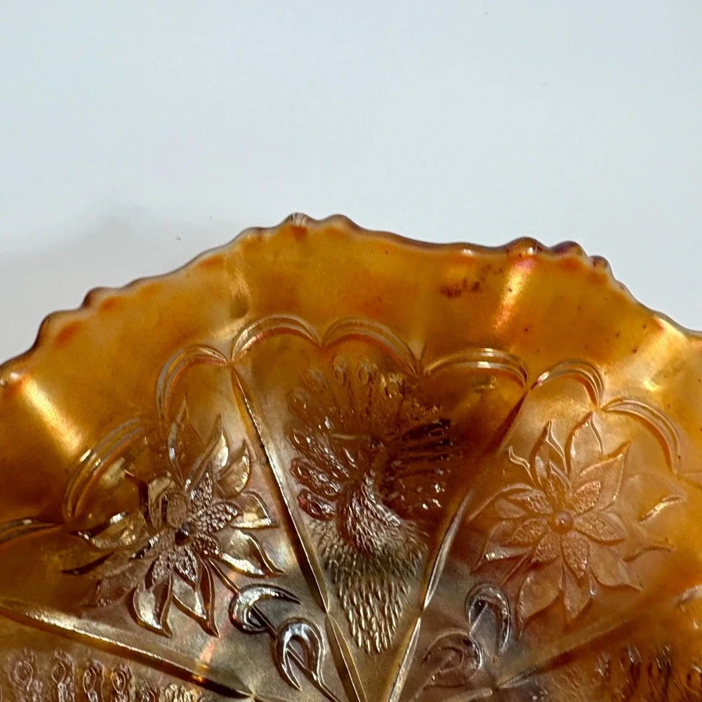 Vintage Marigold Carnival Glass Bowl Ruffle Edge IrIridescent Floral Collectible